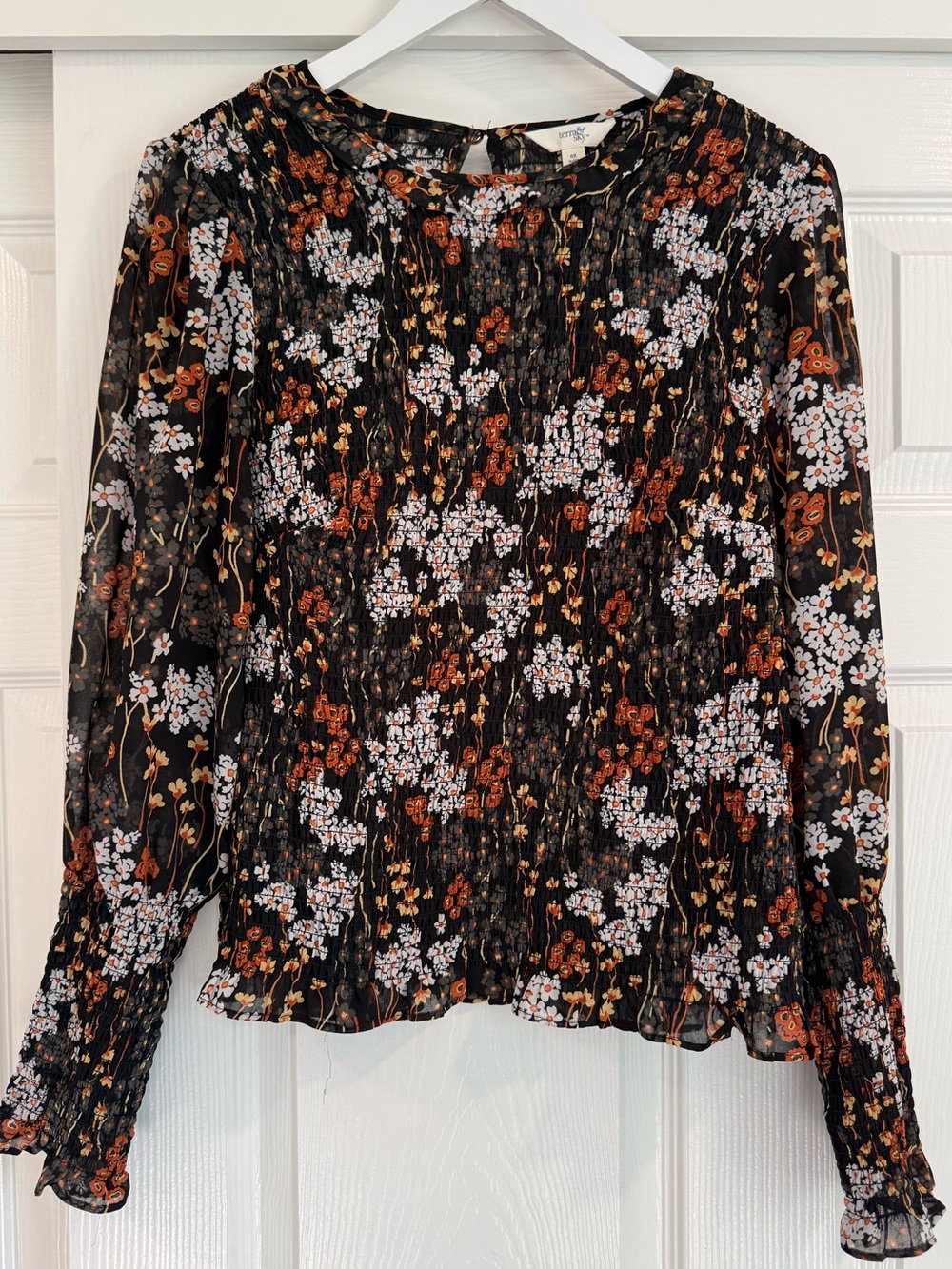 Terra Sky Fall Floral Long-Sleeve Boho Dark Moody Ruched Sheer Collar Blouse